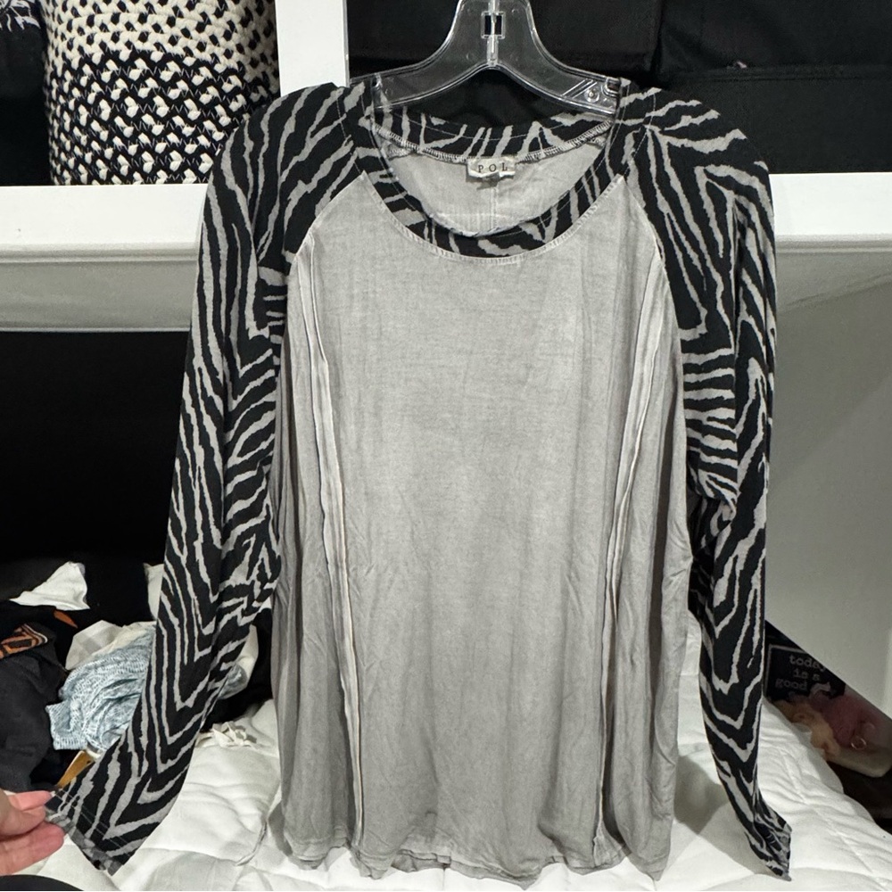 POL Gray Top with Black Zebra Print Sleeves